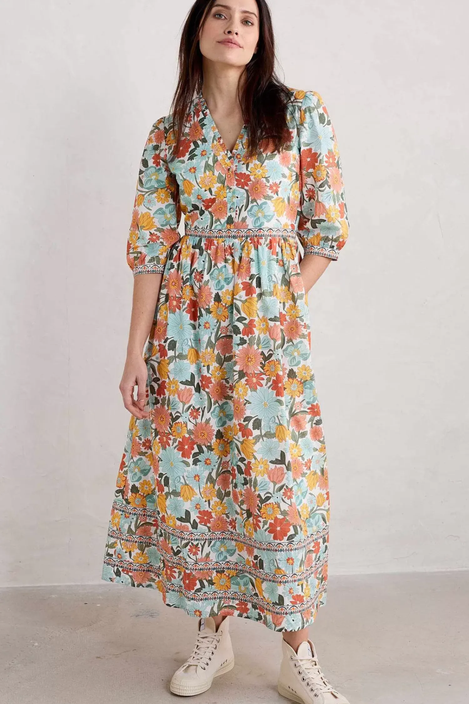 Dresses<Seasalt Cornwall Blue Hills Border V-Neck Floral Dress Flowering Blooms Chalk