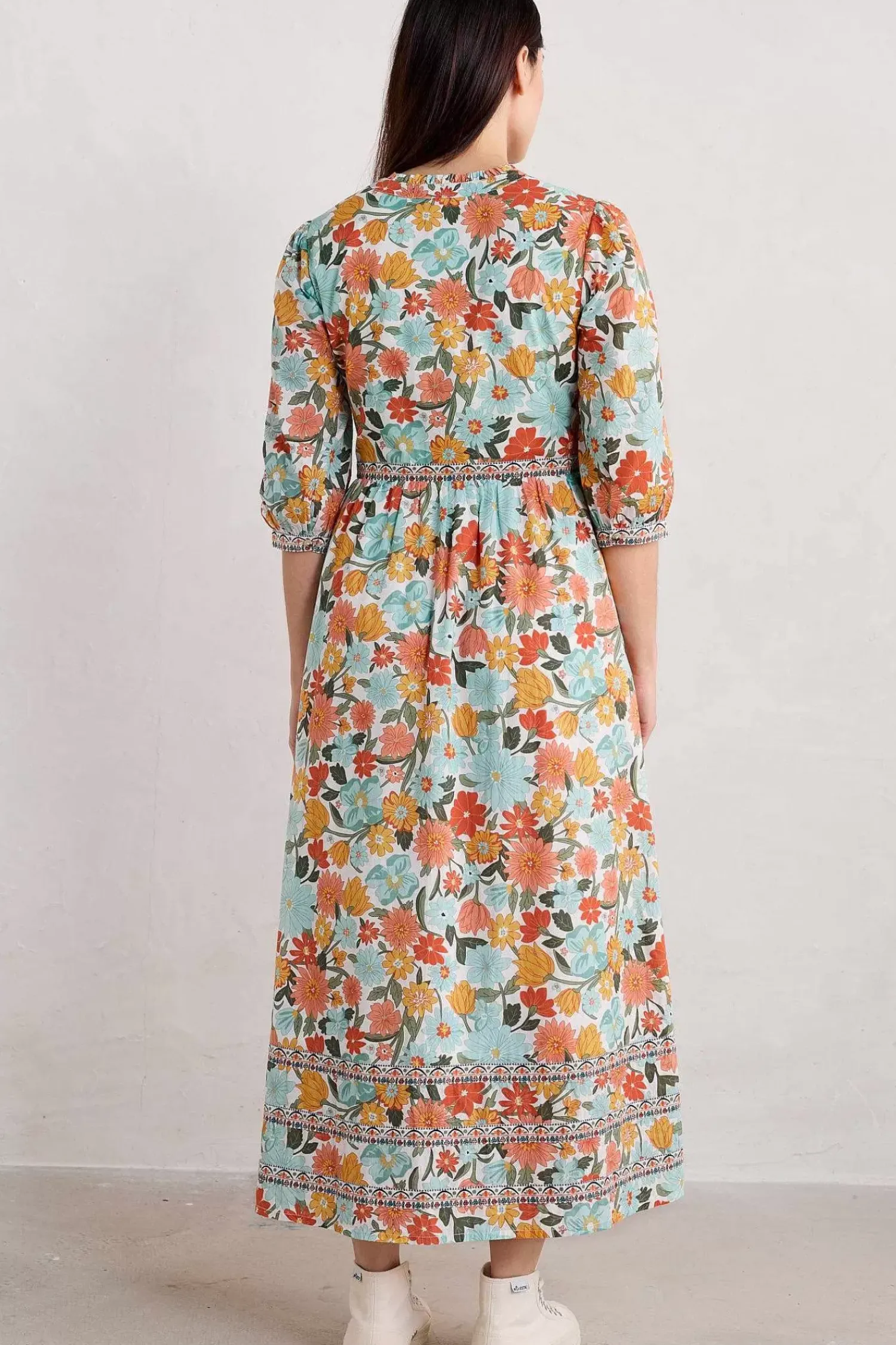 Dresses<Seasalt Cornwall Blue Hills Border V-Neck Floral Dress Flowering Blooms Chalk