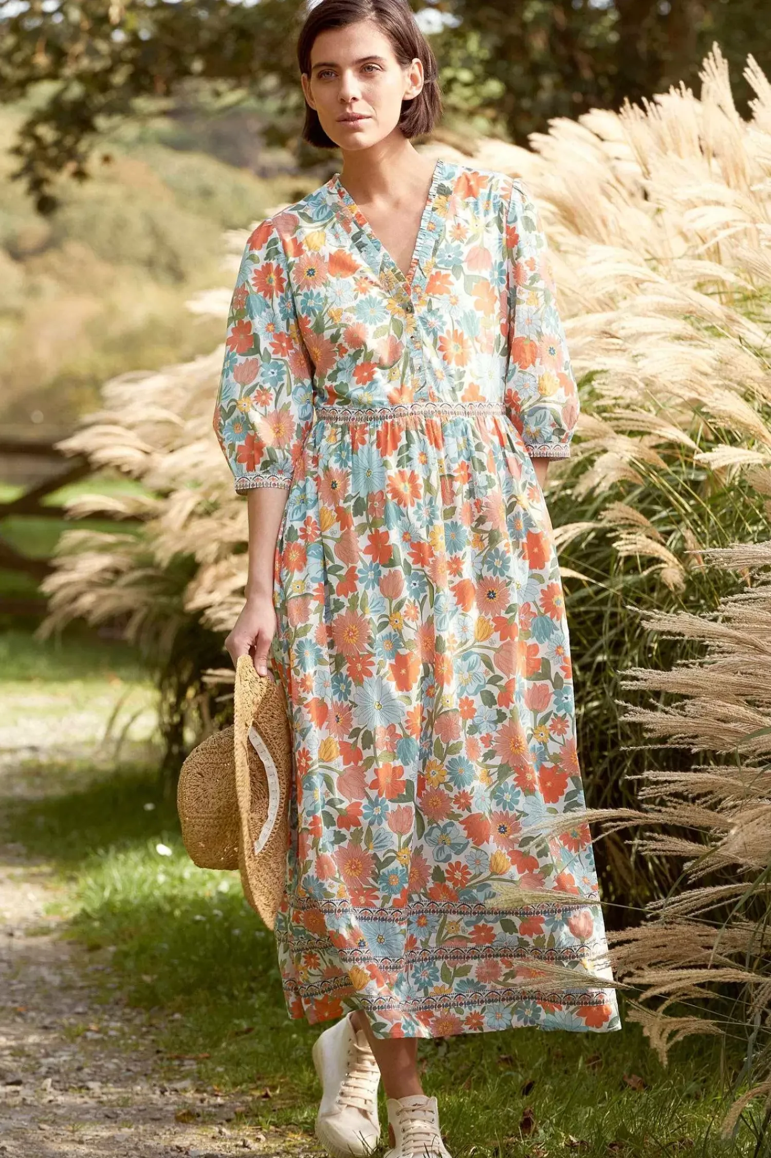 Dresses<Seasalt Cornwall Blue Hills Border V-Neck Floral Dress Flowering Blooms Chalk