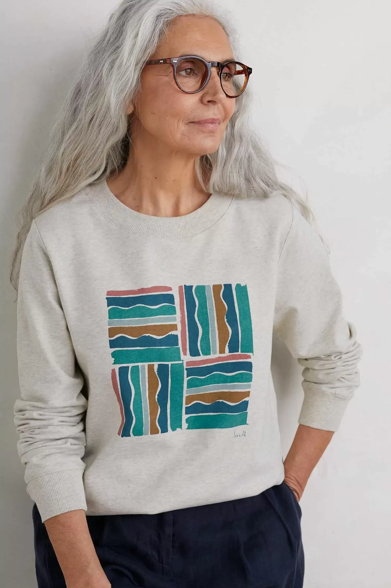 Tops<Seasalt Cornwall Bright Wave Printed Organic Cotton Sweatshirt Brushstroke Stamp Chalk