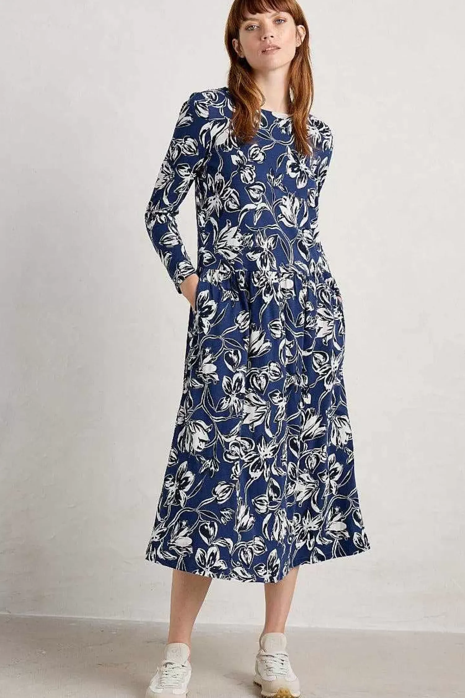 Dresses<Seasalt Cornwall Cladonia Long Sleeve Jersey Dress Cyclamen Marine Maritime