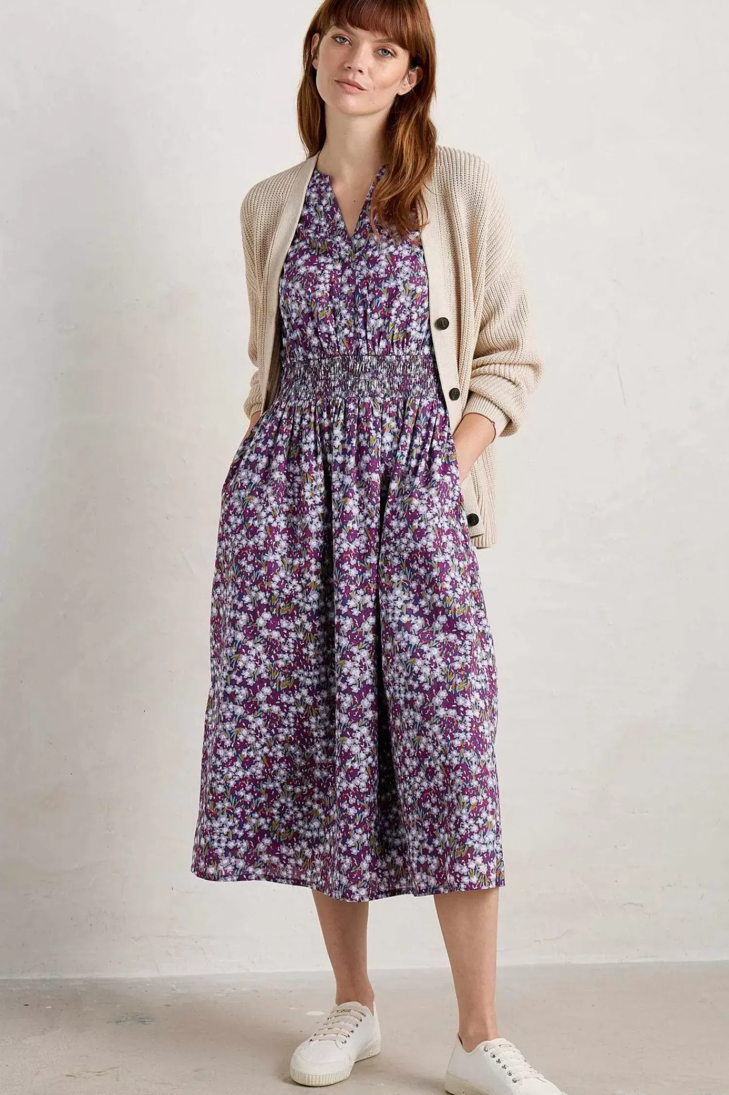 Dresses<Seasalt Cornwall Fawn Organic Cotton Waisted Midi Dress Heather Fields Verbena