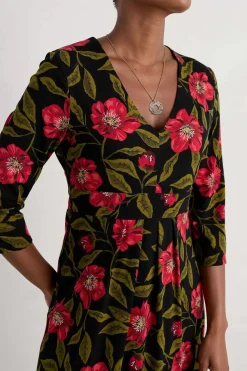 Dresses<Seasalt Cornwall Flower Bud Jersey V- Neck Midi Dress Mary Rose Floral Onyx