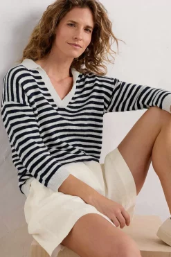 Knitwear<Seasalt Cornwall Gwynver Lightweight V-Neck Collared Jumper Mini Cornish Ecru Maritime