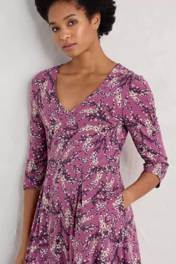 Dresses<Seasalt Cornwall Helena V-Neck Jersey Midi Dress (Gots) Heather Sketch Buddleia