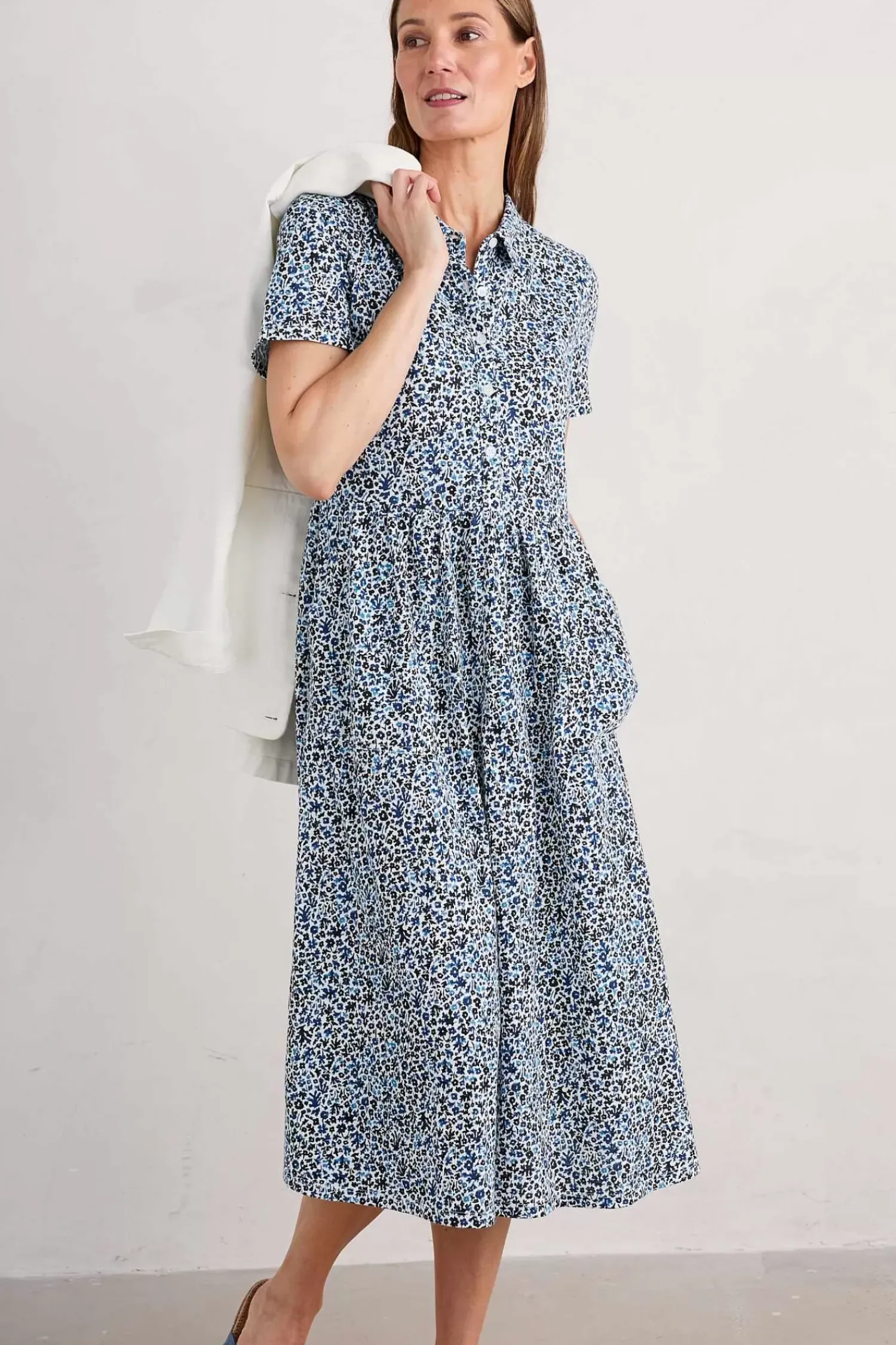 Dresses<Seasalt Cornwall Mainland Jersey Midi Dress Seaweed Floral Chalk