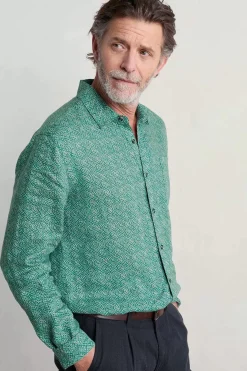 Shirts<Seasalt Cornwall Men's Anthony Printed Linen Shirt Sewn Geo Hepworth Green
