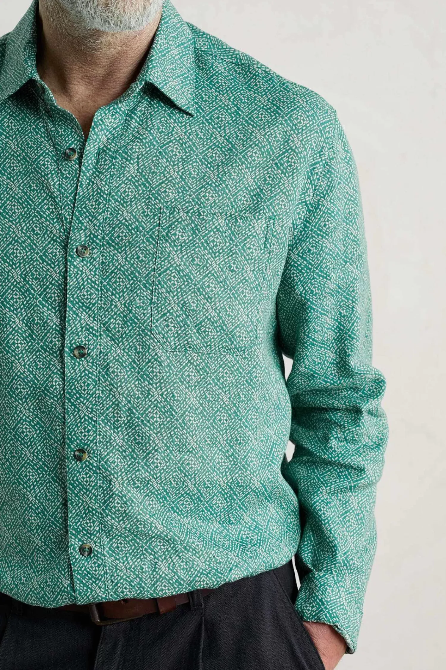 Shirts<Seasalt Cornwall Men's Anthony Printed Linen Shirt Sewn Geo Hepworth Green