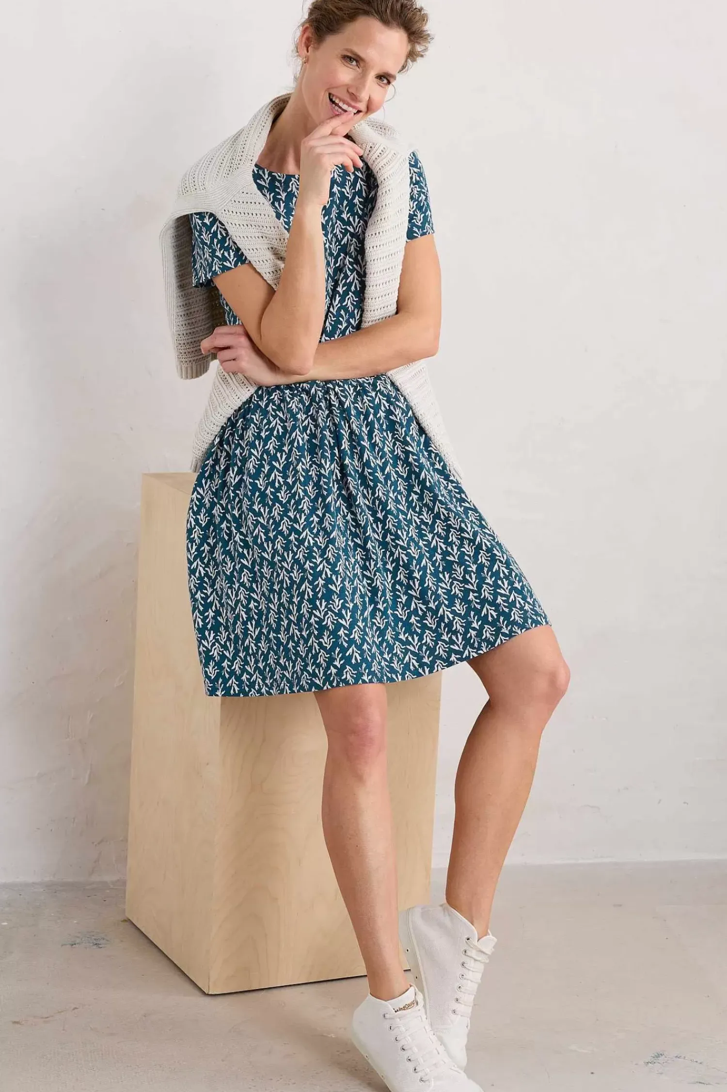 Dresses<Seasalt Cornwall Sea Mirror Jersey Dress With Short Sleeves Kelp Stamp Ocean Drift