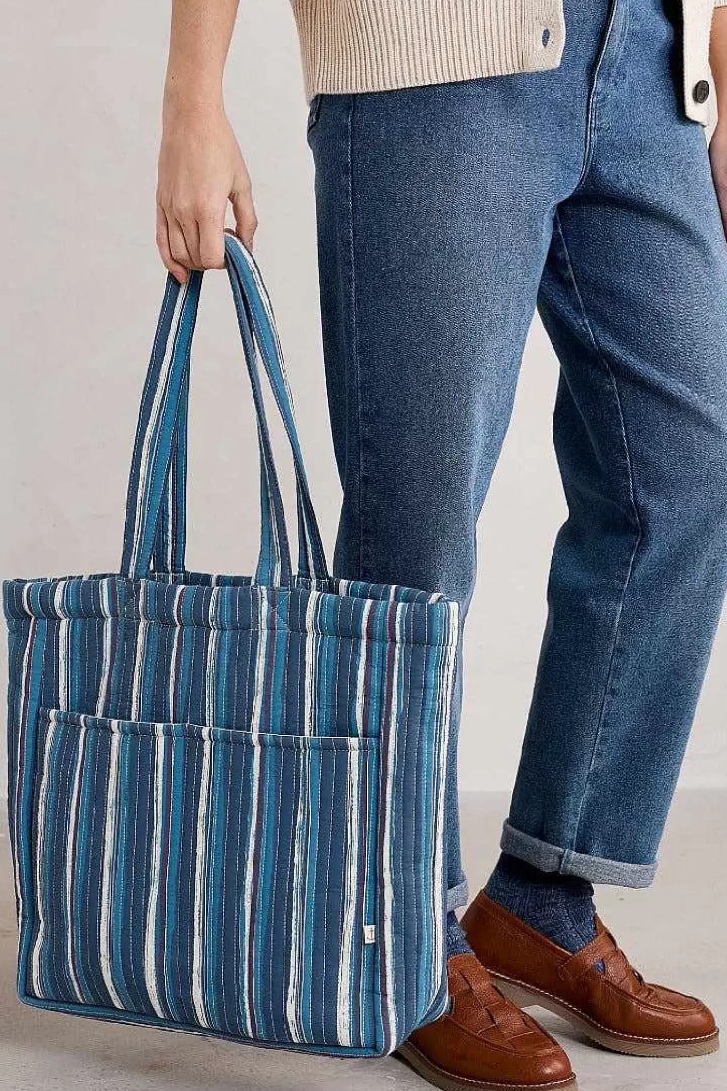 Bags<Seasalt Cornwall Singing Water Quilted Tote Bag River Stripe Dark Voyage