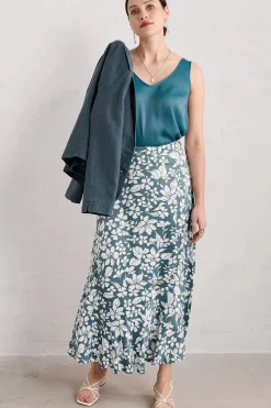 Skirts<Seasalt Cornwall Temple Printed Satin Midi Skirt Anemone Vintage Pool