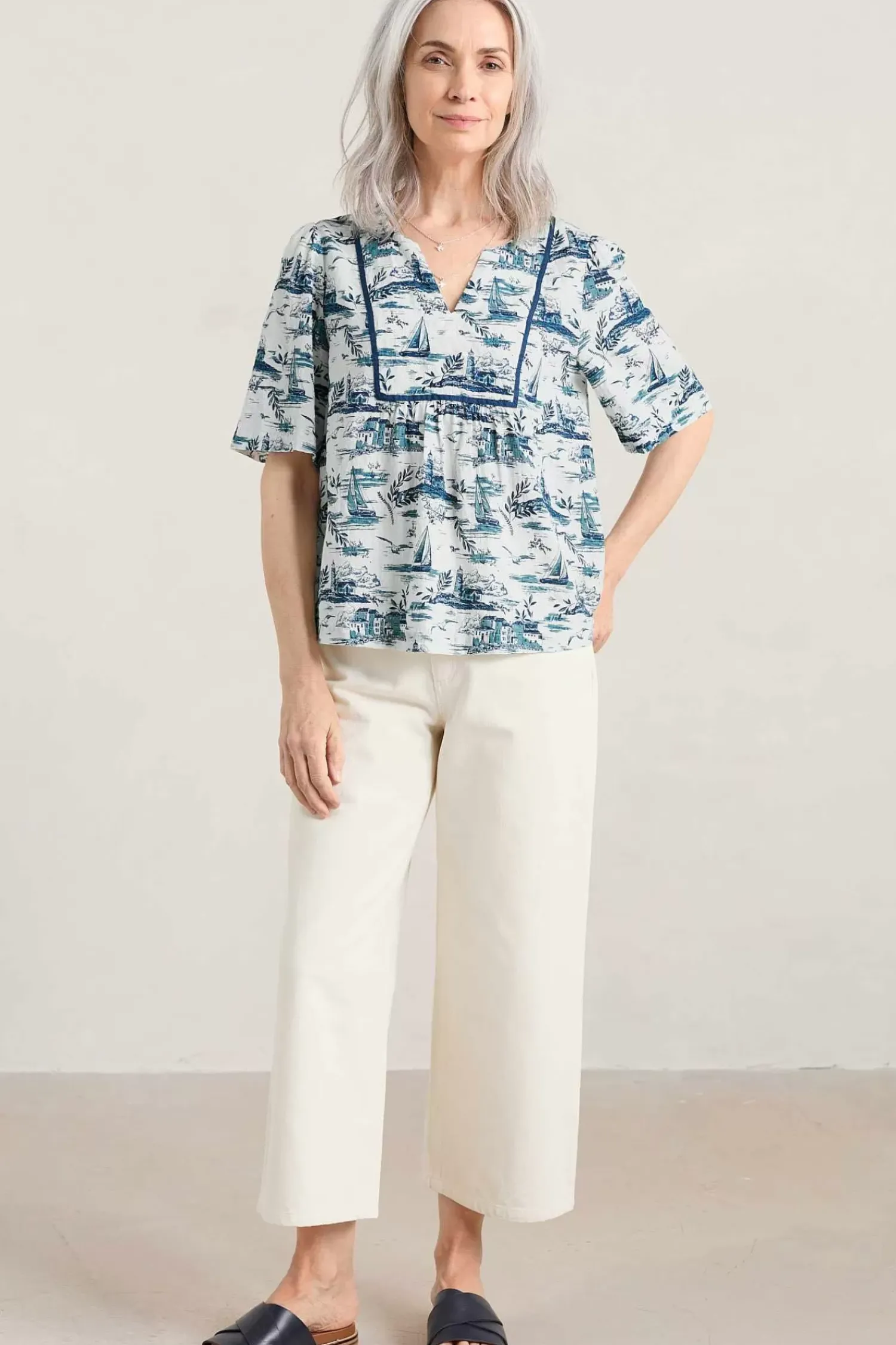 Tops<Seasalt Cornwall Treasury Short Sleeve Blouse Toile Seaside Chalk