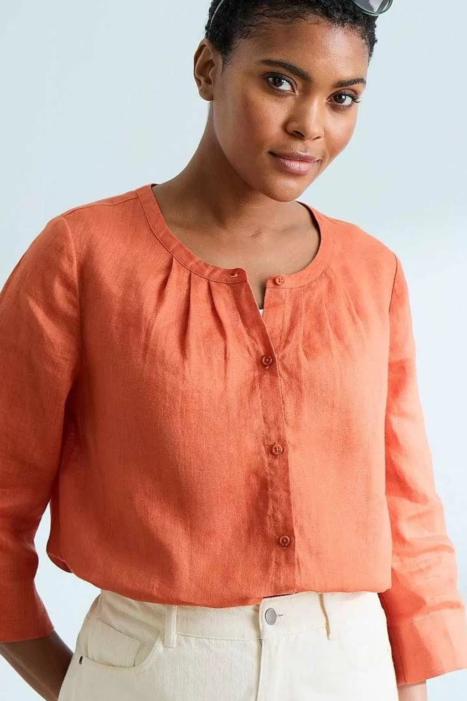 Tops<Seasalt Cornwall Wild Fennel Button Through Linen Top Papaya