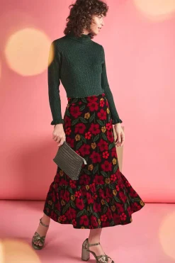 Skirts<Seasalt Cornwall Wildflower Tiered Velvet Maxi Skirt Collaged Rose Onyx Carmine