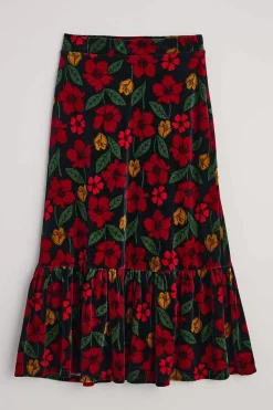 Skirts<Seasalt Cornwall Wildflower Tiered Velvet Maxi Skirt Collaged Rose Onyx Carmine