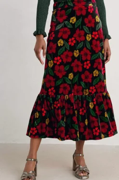 Skirts<Seasalt Cornwall Wildflower Tiered Velvet Maxi Skirt Collaged Rose Onyx Carmine