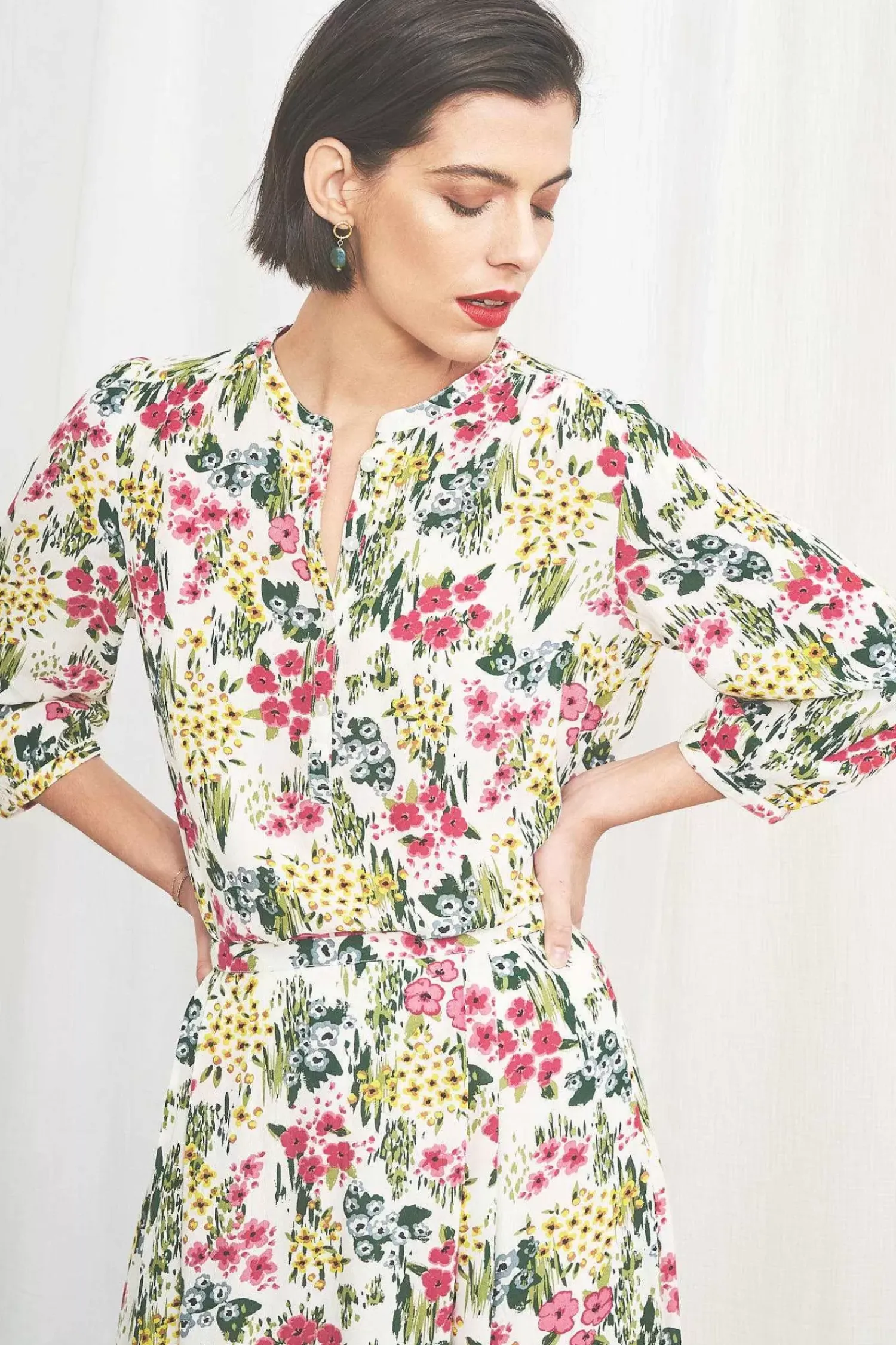 Tops<Seasalt Cornwall Willow Path 3/4 Sleeve Printed Shirt Painterly Field Chalk